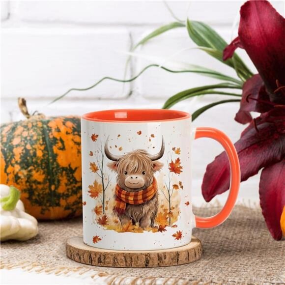 Hyturtle Fall Highland Cow Maple Leaves Coffee Mug - Birthday Gifts For Cow - Picture 2 of 7